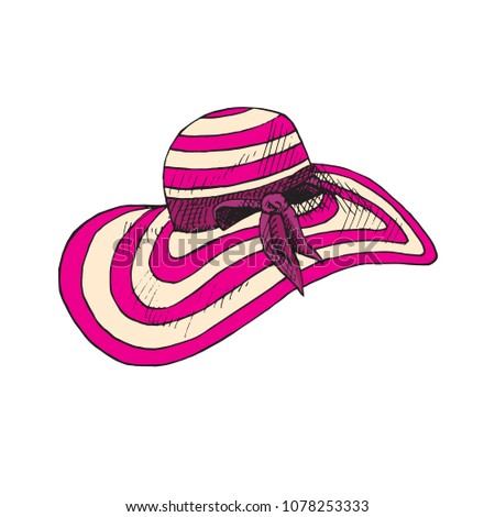 Pink striped wide brim hat, hand drawn doodle, sketch in pop art style, black and white vector illustration