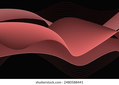 Pink stripes background. Futuristic pink and black background. Rosy waves. Fruid waves texture. Pink flowing lines bg. Pink curved 3d stripes on black.