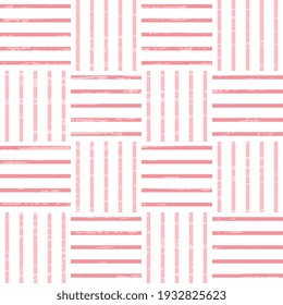 The pink stripes form a square mosaic on a white background with a shabby old-fashioned texture. Fashionable design. Vector concept seamless pattern.