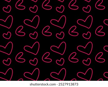 Formas de corazón de trazo rosa diseño sin fisuras con tema de fondo oscuro. El corazón ama el diseño del Vector del patrón del doodle. Cariño. Devoción
