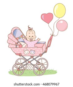 Pink stroller with baby girl and colorful balloons. Vector illustration of stroller with baby girl and colorful balloons isolated on white background