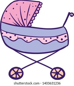 Un cochecito rosa con diseños llamativos, baldaquín extendido y manillar reversible, para que el bebé tenga una cómoda posición sentada o dormida, vector, dibujo de color o ilustración.