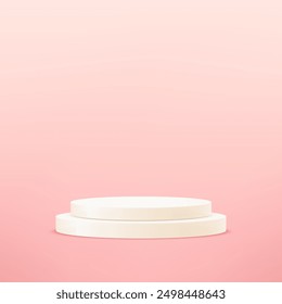 Pink studio room background. Pink background vector 3d with white podium. Empty room with light effect. Space for selling products on the website. Round stage for showcase.Vector illustration