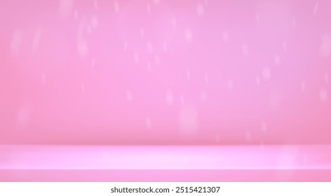 Rosa Studiozimmer mit fallendem Schneeeffekt. Heller Limbo-Hintergrund. Abstrakter 3D-Hintergrund für die Produktpräsentation im Winter. Minimale Wandszene. Vektorstadium-Mustergrafik