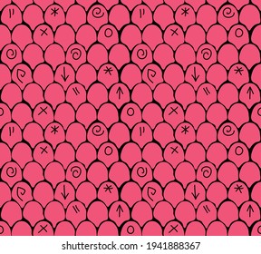 escalas de peces estilizadas rosa con ornamentos simples sobre fondo negro