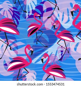 Pink stylized flamingos and green leaves on colorful backround.