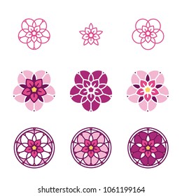 Pink stylized flower logo. Floral composition, set of vector abstract beauty linear style logotype template. Glass painting, leaded pane, stained-glass window. Yoga studio.