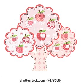 pink stylized patchwork apple tree