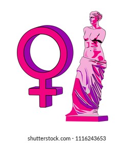 The pink stylized silhouette of Venus. Vector illustration on the white background.