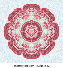 Pink stylized tracery round ornament. Vector illustration. Illustration for greeting cards, invitations, and other printing projects. 