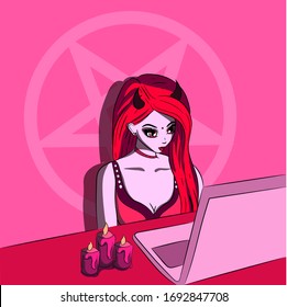 Pink succubus watching movies on laptop. Neon and UV demonic woman with an occult pentagram on background and candles on the table.