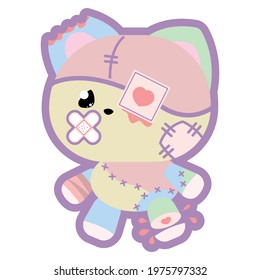 Pink suffering character with injured heart in yami kawaii style isolated on white background. Japanese youth culture, pastel color palette, vector graphics, print illustration, Anime design