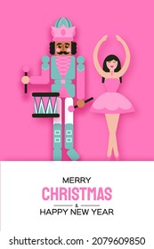Pink Sugar Christmas Nutcracker and Clara Girl Ballerina in paper cut style. Cute soldier toy. December Ballet party. Creative Merry Xmas invitation. Happy New Year. Winter holidays. Space for text.