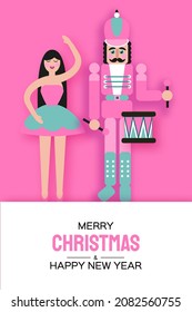 Pink Sugar Christmas Nutcracker and Clara Girl Ballerina in paper cut style. Cute soldier toy. December Ballet party. Creative Merry Xmas invitation. Happy New Year. Winter holidays. Space for text.