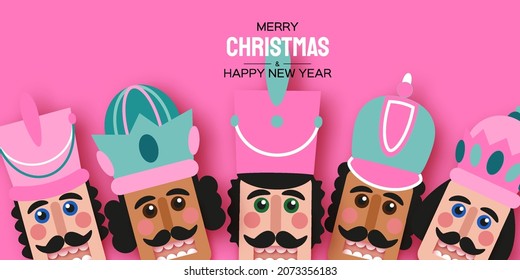 Pink Sugar Christmas Nutcracker in paper cut style. Cute soldier toy. December Ballet party. Creative Merry Xmas invitation. Happy New Year. Winter holidays. Space for text.