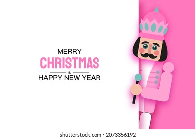 Pink Sugar Christmas Nutcracker in paper cut style. Cute soldier toy. December Ballet party. Creative Merry Xmas invitation. Happy New Year. Winter holidays. Space for text.