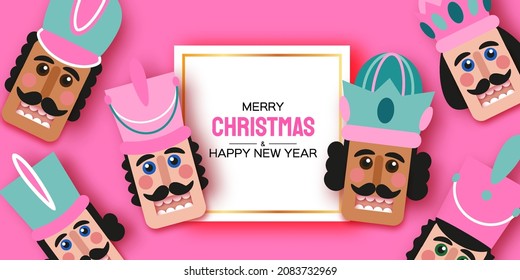 Pink Sugar Christmas Nutcracker in paper cut style. Cute soldier toy. December Ballet party. Creative Merry Xmas invitation. Happy New Year. Winter holidays. Space for text.