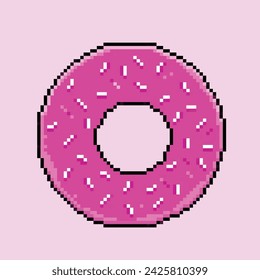 Pink sugary sweet strawberry donut with sprinkles. Pixel bit retro game styled vector illustration drawing. Simple flat cartoon drawing isolated on square background.