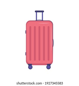 Pink suitcase icon. Front view. Bright luggage for vacation, travel, summer item. Vector flat illustration