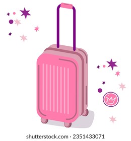 pink suitcase on wheels in doodle style vector picture