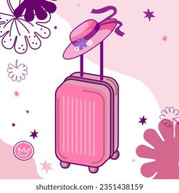 pink suitcase on wheels and hat in doodle style vector picture.