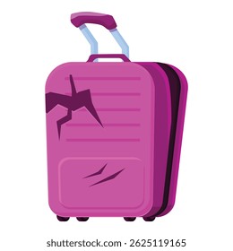 Mala rosa com rachaduras e arranhões, simbolizando questões de viagem, bagagem perdida ou bagagem danificada durante o trânsito