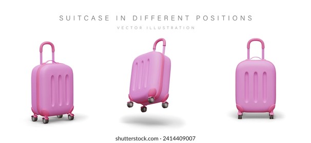 Pink suitcase with retractable handle and wheels. Travel bag with hard case. Plastic carry on luggage. Glamorous travel accessory. Vector object in different positions