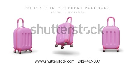 Pink suitcase with retractable handle and wheels. Travel bag with hard case. Plastic carry on luggage. Glamorous travel accessory. Vector object in different positions