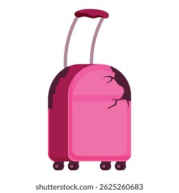 Pink suitcase showing damage and wear after a trip, concept of damaged luggage