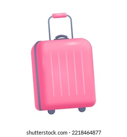 Pink suitcase for tourists 3D icon. Luggage or baggage, case for journey, adventure or trip 3D vector illustration on white background. Traveling, tourism, vacation, accessories concept