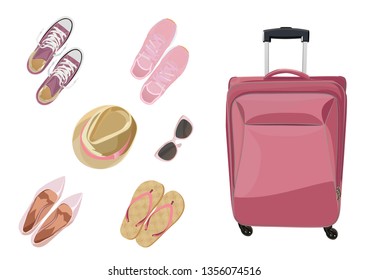Pink suitcase with women's clothing and accessories on the floor. Vector illustration. Isolated on a white background.