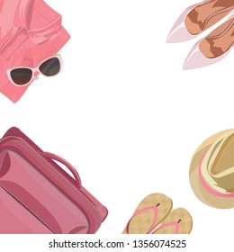 Pink suitcase with women's clothing and accessories on the floor. Vector illustration. Isolated on a white background.