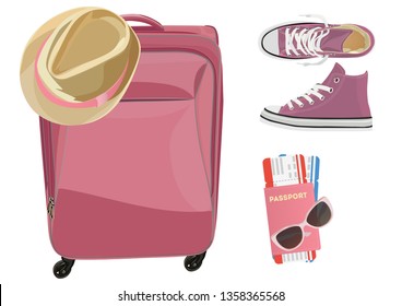 Pink suitcase with women's clothing and accessories on the floor. Vector illustration. Isolated on a white background.
