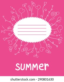 Pink summer album cover with fantastic plants and hearts. Vector illustration with lines for exercise book.