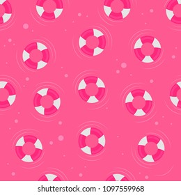 Pink summer background of swimming pool tube ring doughnut float from top view seamless pattern