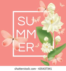 Pink summer background template with blooming white tropical flowers, green leaves and light transparent butterflies. Exotic floral design vector illustration with typography design