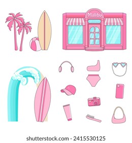 Pink Summer Beach Set, Barbie Accessories, Malibu Beach Store and Palm tree. Trendy pink set.