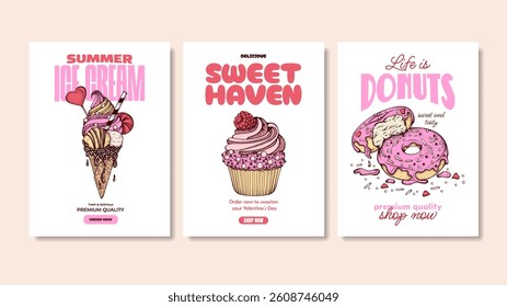 Sobremesas de verão cor-de-rosa Tipografia T-shirt Design Templates, Ice Cream Sketch, rosas donuts e muffin ou bolinho Retro mão desenhado Posters para café