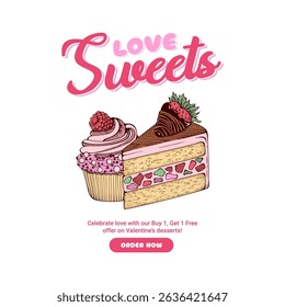 Pink Summer Desserts Typography T-shirt Vector Design Template, Muffin or Cupcake and Cake Sketch Retro Hand Drawn Poster for Cafe or Restaurant