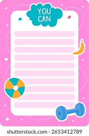 Pink summer to do list featuring a banana, beach ball, and dumbbell, inspiring motivation with an uplifting you can message at the top, ready for organizing activities and goals