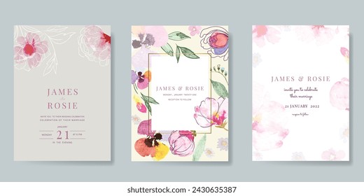 Pink Summer Flower Wedding Invitation set, floral invite thank you, rsvp modern card Design with cute watercolor flower decoration