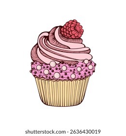 Pink Summer Muffin Cake Dessert Vector Bakery or Pastry, Birthday Sweets with Strawberry Colorful Sketch Retro Hand Drawn Isolated Illustration for Cafe or Restaurant