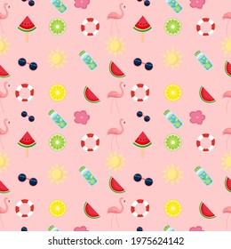 Pink summer pattern. Flamingo, watermelon, glasses and sun. Bright. Vector graphics