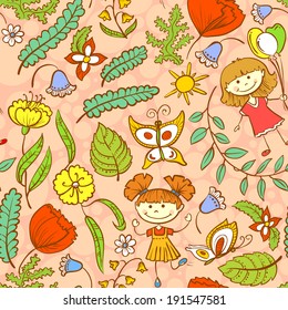 Pink summer seamless pattern with kids