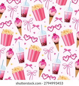 Pink Summer Seamless Pattern with Popcorn Box, Bubble Tea, Strawberry Ice Cream Cone, Heart Sunglasses and Ribbons, Cute Vector Cartoon Repeat Background for Aesthetic Packaging, Wrapping Paper and Textile Design.