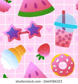 O verão rosa doces feminino padrão. Impressão de vetor sem costura com frutas de verão bonito e bebida.