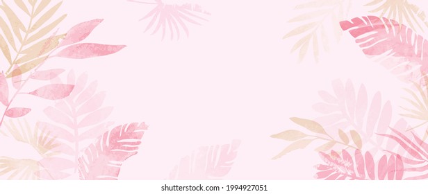Pink summer tropical background vector. Palm leaves, monstera leaf, Botanical background design for wall framed prints, wall art, invitation, canvas prints, poster, home decor, cover, wallpaper.	