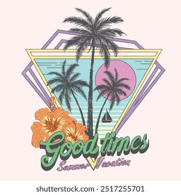 Pink summer vibes drawing. Summer good vibes palm tree vector print artwork, Girls, men, summer beach vector graphics. enjoy the beach. Beach vibes print artwork for t-shirt