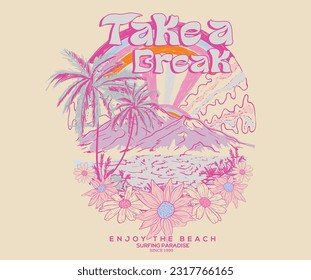 Pink summer vibes drawing. Take a break. enjoy the beach. Beach vibes print artwork for t-shirt, poster, sticker and others. Mountain with palm tree vector design. 