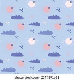 pink sun and blue clouds in the blue sky, blue flowers among the clouds, seamless childish pattern with cloudy sky and sun on a blue background